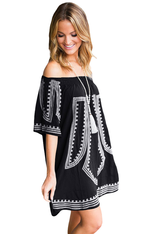 Black Bohemian Vibe Geometric Print Off The Shoulder Beach Dress