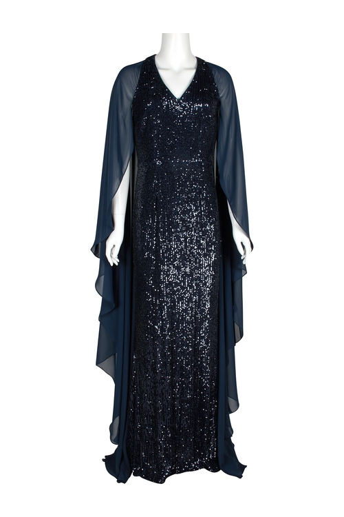 Carmen Marc Valvo V-Neck Embellished Zipper Back Cape Sleeve Sequined