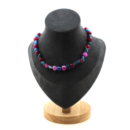 Blue Apatite + Fuchsia Cracked Agate 8 mm beads necklace.
