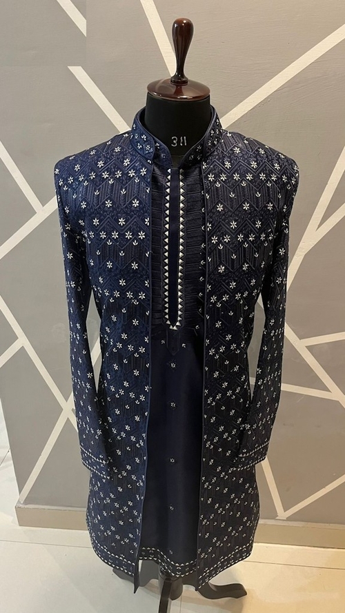 Blue Shrug styled hand embroidered silk indo-western sherwani with