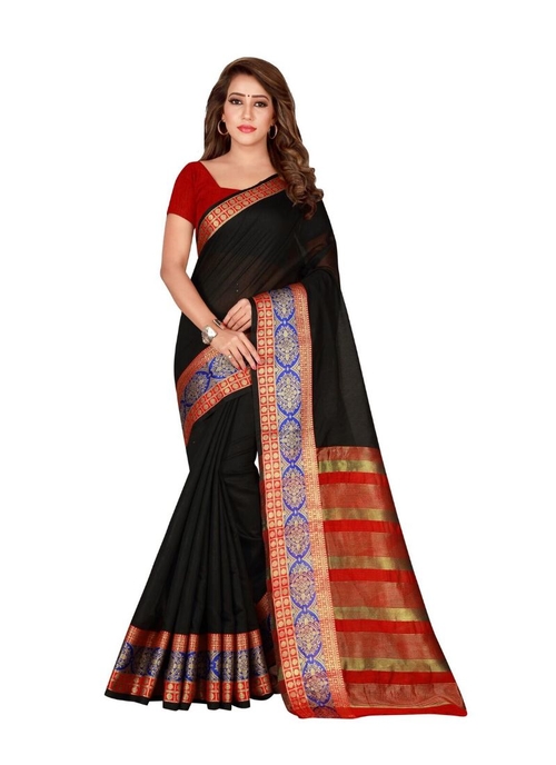 Generic Women's Cotton Silk Saree(Black, 5.5-6