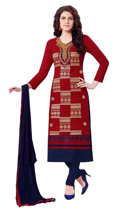 Red Cotton Embroidered Party Wear Salwar Suit