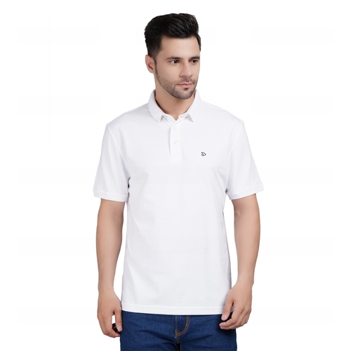 Men Solid Polo Neck Cotton White T-Shirt (Size XL)