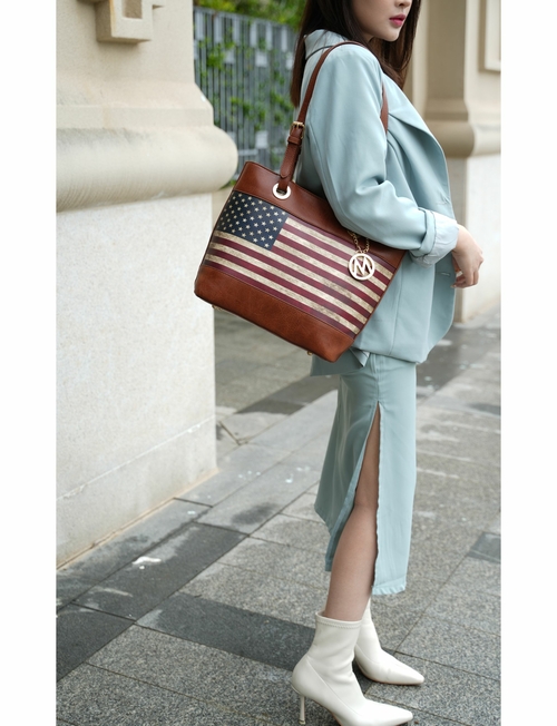 Vera Vegan Leather Patriotic Flag Pattern Women Tote Bag 