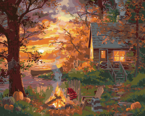 Paint by Numbers - PUMPKINS, CAMPFIRE, CANOE BY THE LAKE AND SUNSET