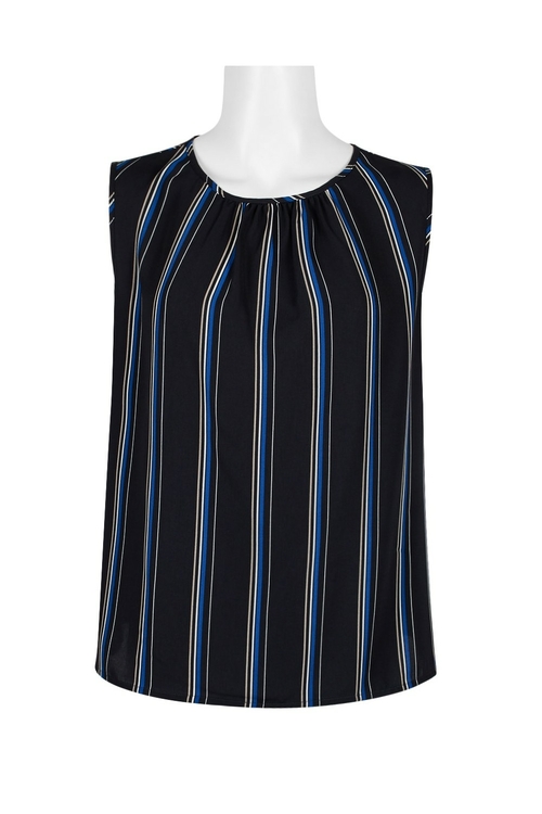 Tahari ASL Crew Neck Sleeveless Keyhole Back Stripe Pattern Polyester