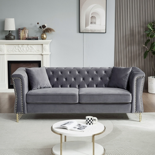 81.8" Chesterfield Sofa Grey Velvet for Living Room, 3 Seater Sofa