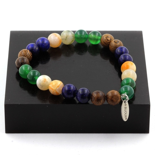 Lapis Lazuli + Green Agate + Bamboo Leaf Agate + wood Bracelet 