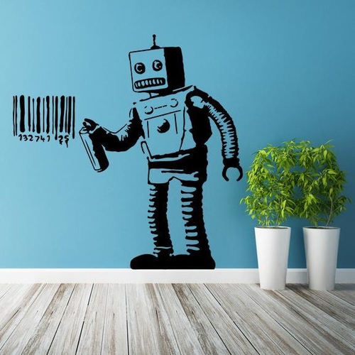 Banksy Vinyl Wall Decal Robot Graffiti   Machine Painting Barcode  