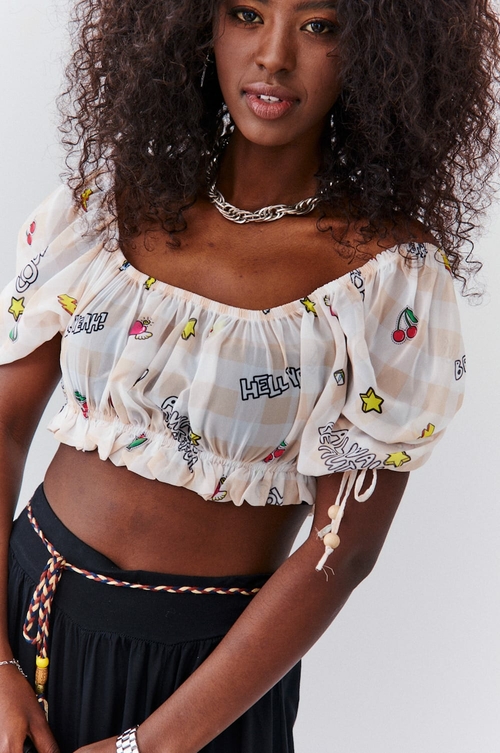 Checkered summer top with short sleeves, light beige 02050