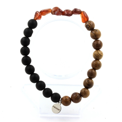 Spessartine Garnet + Matte Black Onyx + wood Bracelet 8 mm Beads.