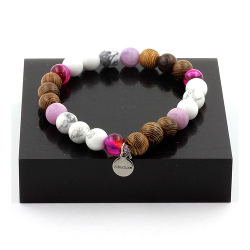 Howlite + Pink Banded Agate + Matte Purple Mica + Wood Bracelet