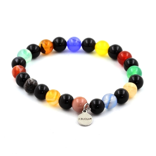 Multicolor Agate + Black Agate Bracelet 8 mm Beads.