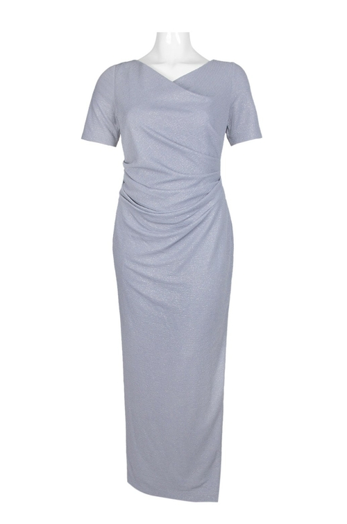 Adrianna Papell V-Neck Short Sleeve Ruched Waist Zipper Back Slit