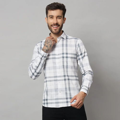 Men'S Full Sleeve Check Shirt  (Size-S) (Color-White)