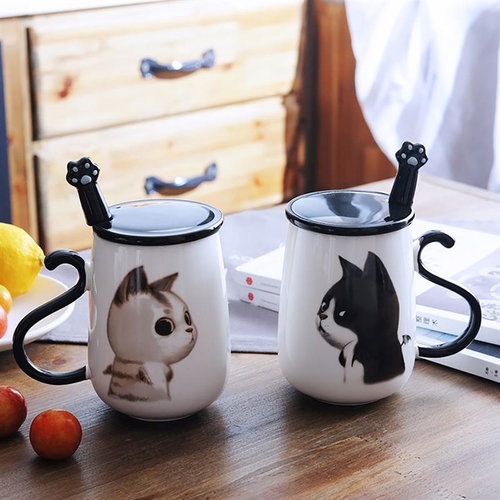 Cute Cat Pattern Ceramic Coffee Mug With Spoon