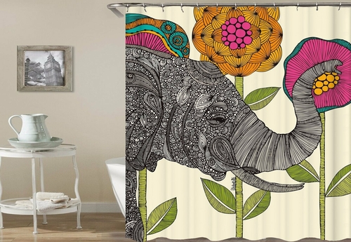 Oriental Elephant And Flowers Drawing Shower Curtain