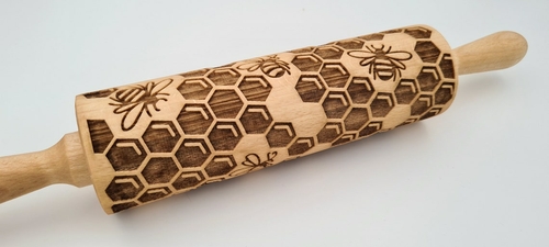 Engraved Rolling Pin Natural Wood Folk Kitchen Pins Handmade - Bees