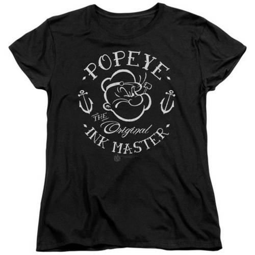 Trevco Popeye-Ink Master Short Sleeve Womens Tee, Black - Small