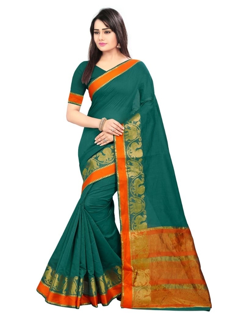 Generic Women's Cotton Silk Saree(Dark Green,