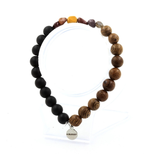 Mookaite from Australia + Matte Black Onyx + wood 8 mm beads Bracelet