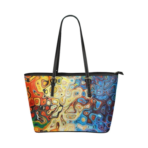 Large Leather Tote Shoulder Bag - Black Handles Mosaic Illustration