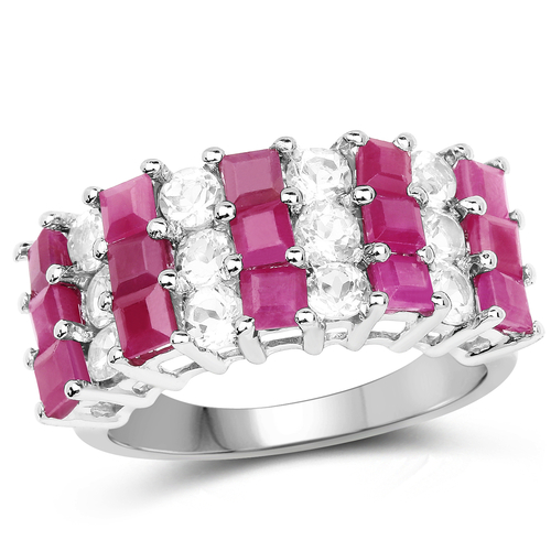 4.14 Carat Genuine Ruby and White Topaz .925 Sterling Silver Ring