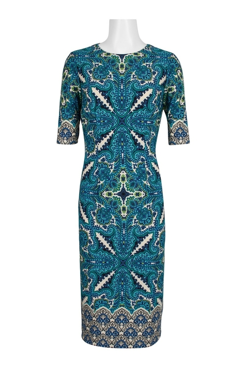 London Times Crew Neck 3/4 Sleeve Zipper Back Multi Print Jersey Dress