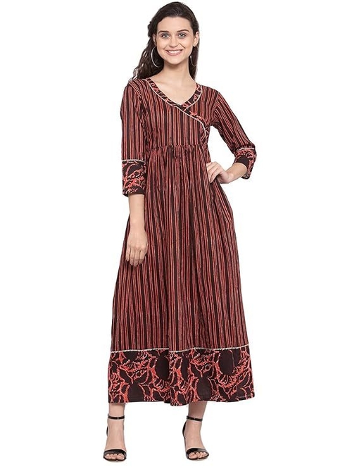 Cotton Striped Print A-Line Dress (Size-XL) (COLOR-BROWN)