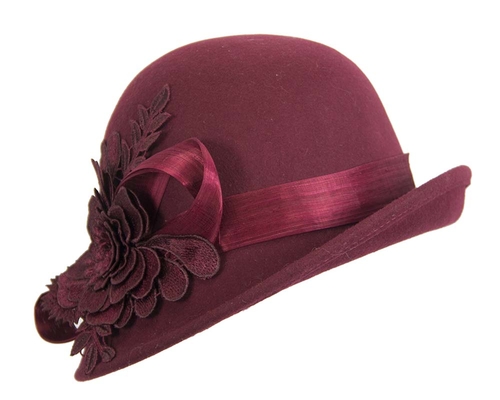 Burgundy wine felt cloche hat with lace