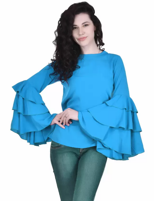 Casual Bell Sleeves Solid Women (Size-M) BLUE)