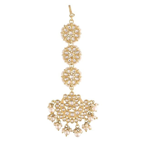 Gold Plated Matte Finish Traditional Pearls Kundan Studded Maang Tikka