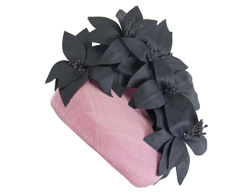 Pink & navy pillbox with leather flowers 