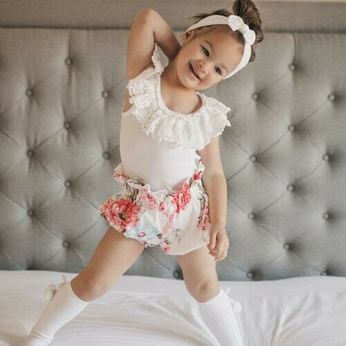 US Kid Baby Girl Lace Top T-shirt +Floral Shorts