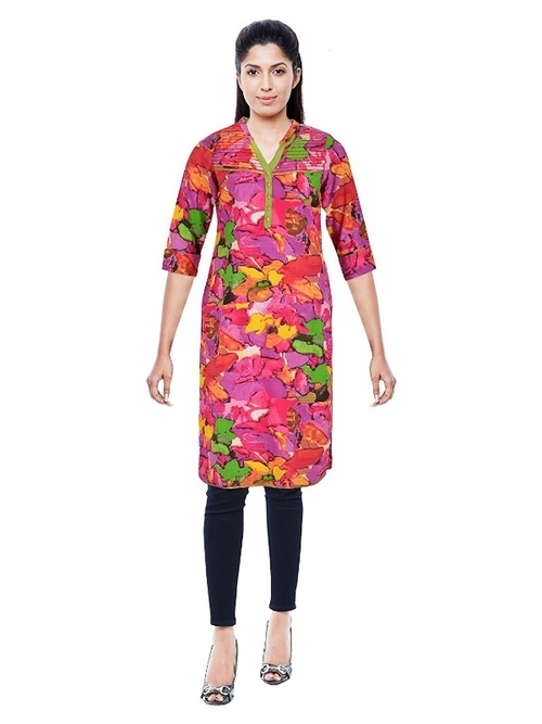 Women's Pink Cotton Printed Casual Knee Length