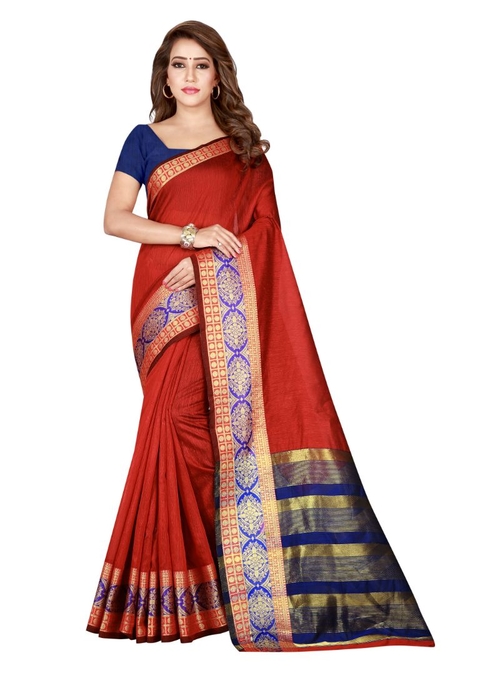 Generic Women's Cotton Silk Saree(Red, 5.5-6 Mtr)