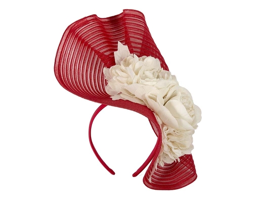 Large red & cream racing fascinator with flowers