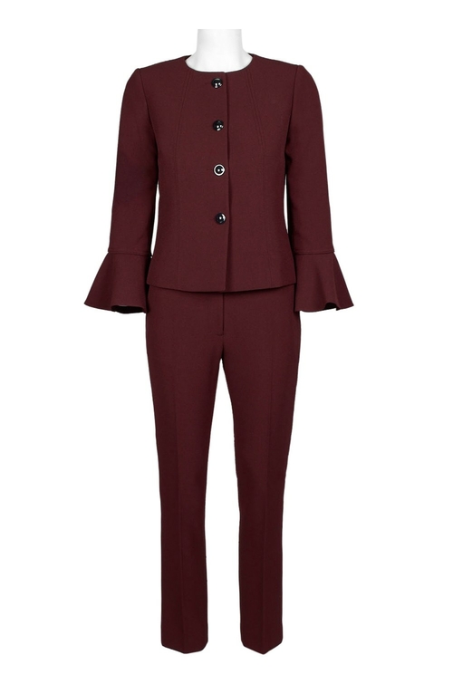 Tahari ASL Crew Neck Circular Flounce Sleeve Button Down Solid Crepe