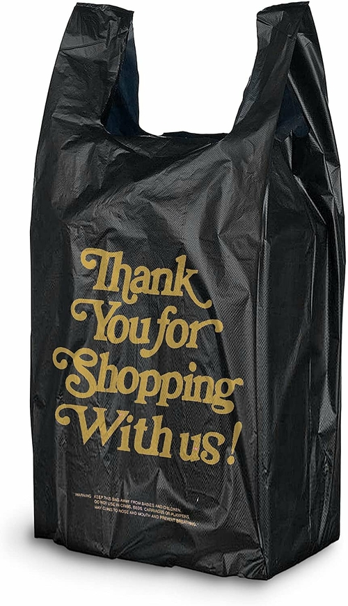 Pack of 1000 Thank You Plastic Bags 8 x 4.5 x 20. Black Carry-Out