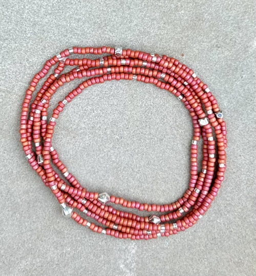 Brick Red & Silver-Sprinkled Beaded 5-Wrap Bracelet