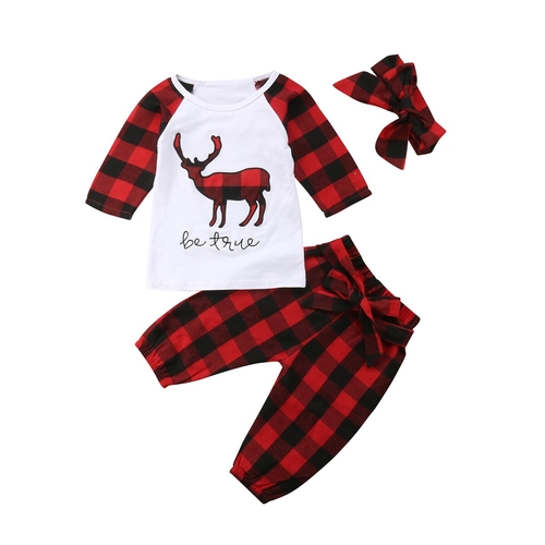 Newborn Baby Boy Girl Xmas Deer Plaid Tops