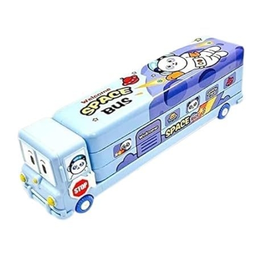 Metal Bus Compass Pencil Box Cartoon Printed School with Moving Tyers