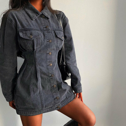 Spocket | Dropship | Tight Button Sexy Denim Turn Down Collar Mini Dress