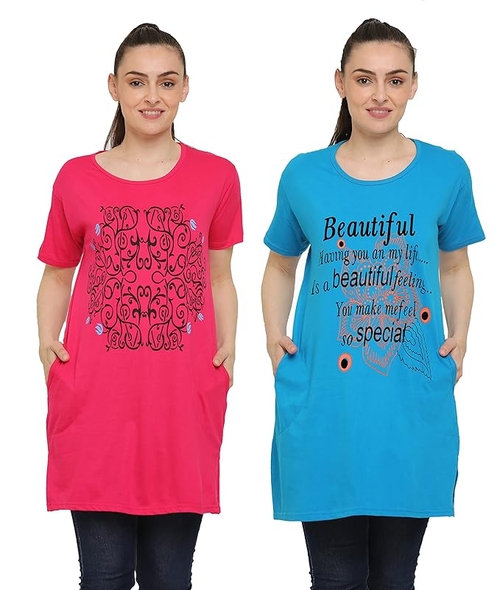 Women Cotton Printed Pocket T-Shirt PACK OF 2