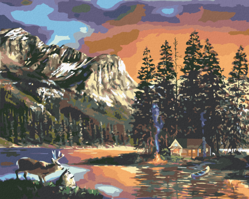 Zuty - Paint by Numbers - HUT, LAKE, DEER AND MOUNTAINS (D. RUSTY