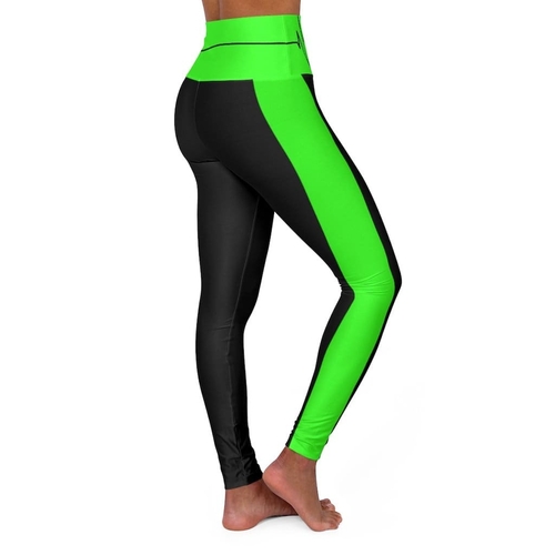 High Waisted Yoga Leggings - Black and Neon Green Beating Heart Sports
