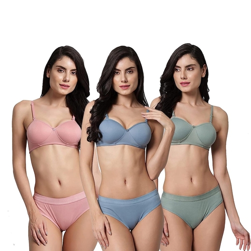 Women's Cotton Half Cup Padded Bra Panty Sets in Bold Colors, Wire