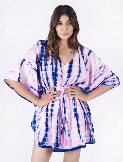 Women's Handmade Tie Dye V Neck Kaftan Dress (Color Pink) (Size L)