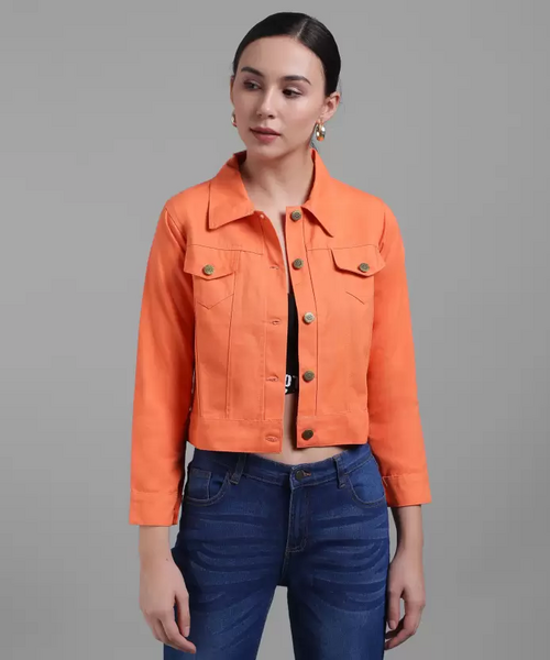 Women Solid Light Weight Casual Short Jacket (Color Peach) (Size M)