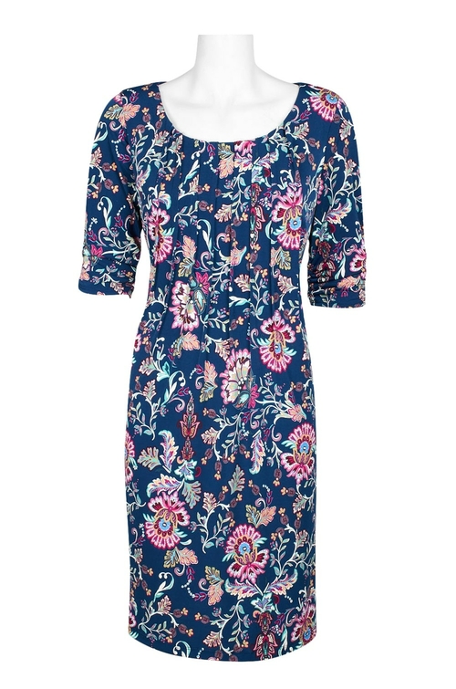Perceptions Scoop Neck Pleated 3/4 Sleeve Floral Print Jersey Puff